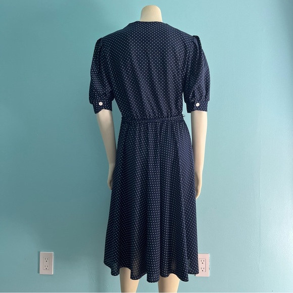 VINTAGE 70s Franky B Vintage Navy White Polka Dot Midi Dress - Picture 3 of 4